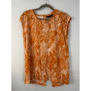 Tahari 100% Linen Blouse Womens Medium Orange Floral Button Back Cap Sleeve Top
